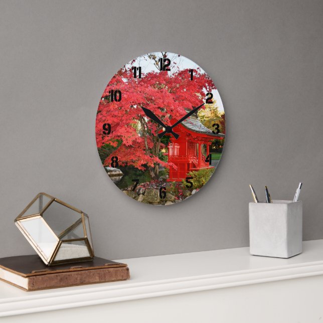 Red Japanese Maple and Garden Shrine Large Clock (Office)