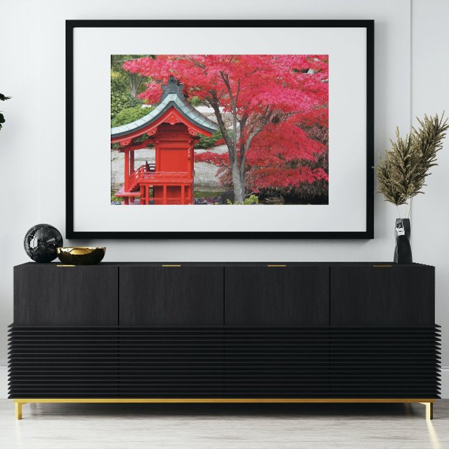 Red Japanese Maple Leaves and Garden Shrine Photo Print (In Situ Framed)