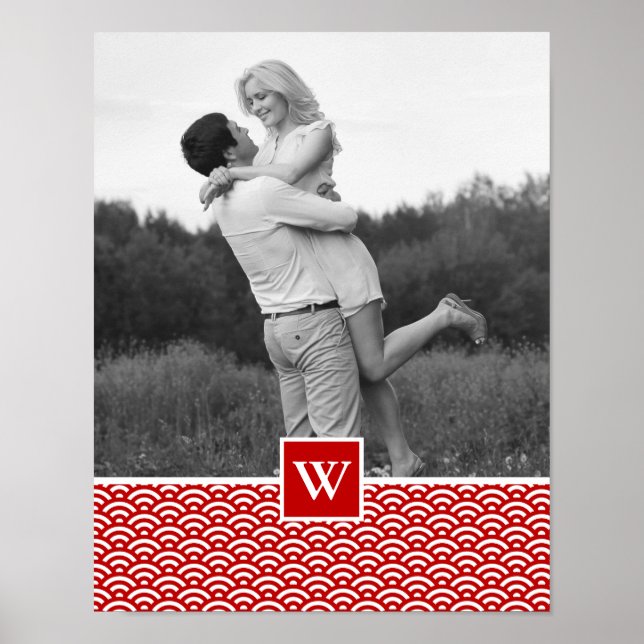 Red Japanese Pattern | Photo with Monogram Poster (Front)