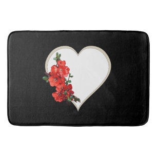 Red Japanese Quince Blossom heart black Bath Mat