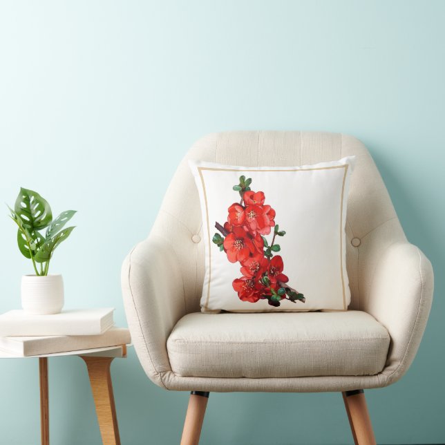Red Japanese Quince Blossom white Throw Pillow (Chair)