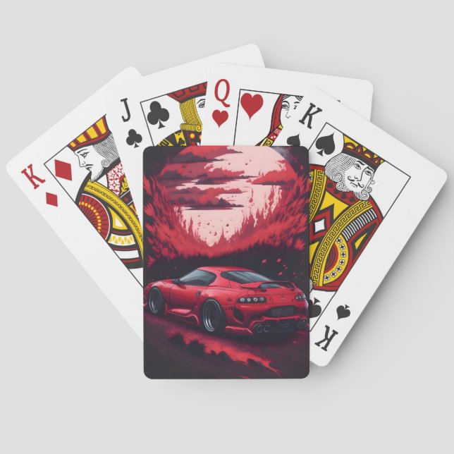 Red Japanese Supra Car Gift for Him Mancave Playing Cards (Back)