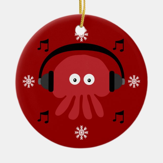 Red Jellyfish DJ & Snowflakes Customizable Ceramic Ornament (Front)