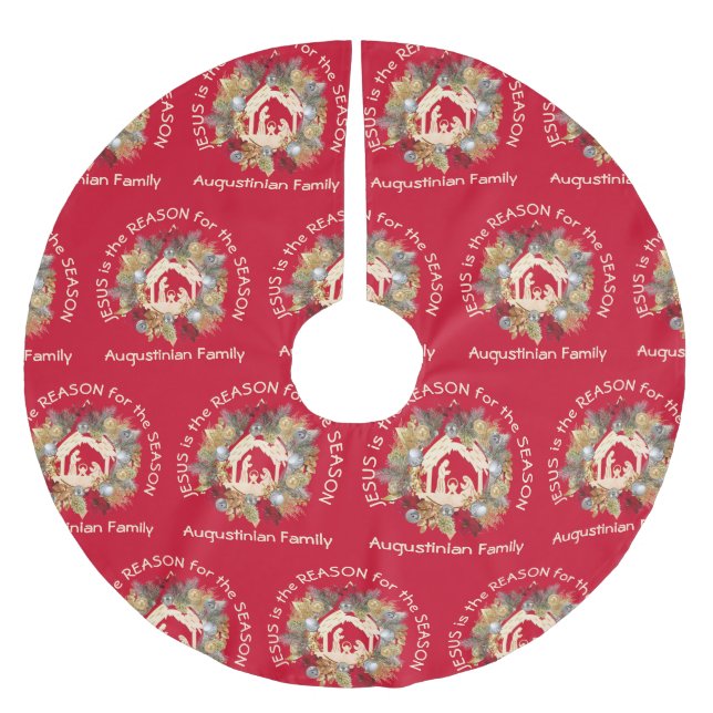 Red JESUS IS THE REASON Christmas Wreath Nativity Brushed Polyester Tree Skirt (Front)