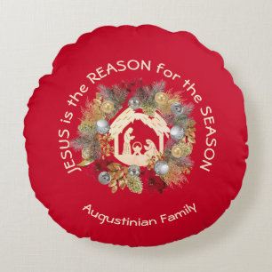Red JESUS IS THE REASON Christmas Wreath Nativity Round Pillow