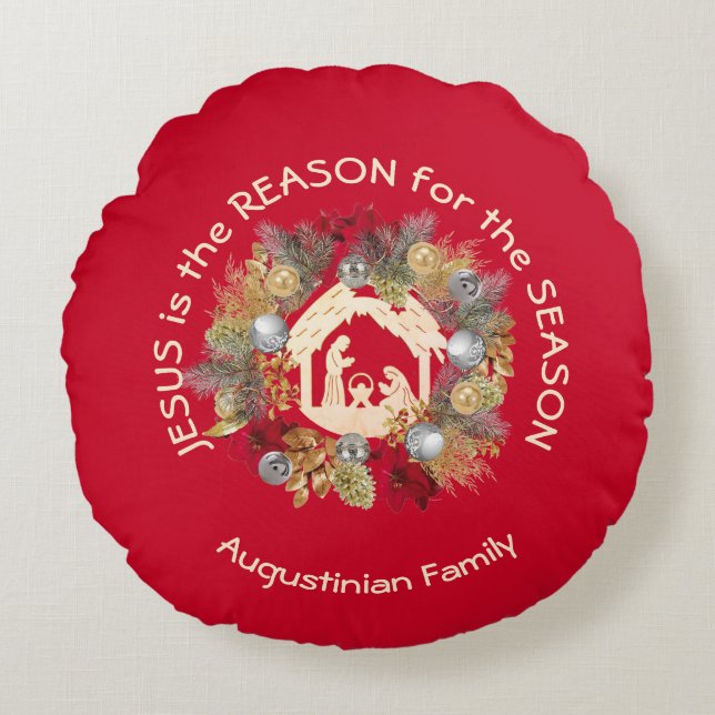 Red JESUS IS THE REASON Christmas Wreath Nativity Round Pillow (Front)