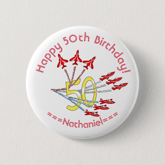 Red Jet Planes - 50th Birthday Badge 2 Inch Round Button (Front)