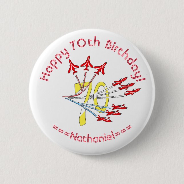 Red Jet Planes - 70th Birthday Badge 2 Inch Round Button (Front)