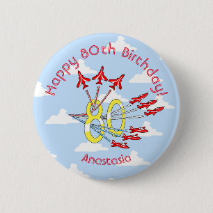 Red Jet Planes - 80th Birthday (Blue Sky) Badge 2 Inch Round Button