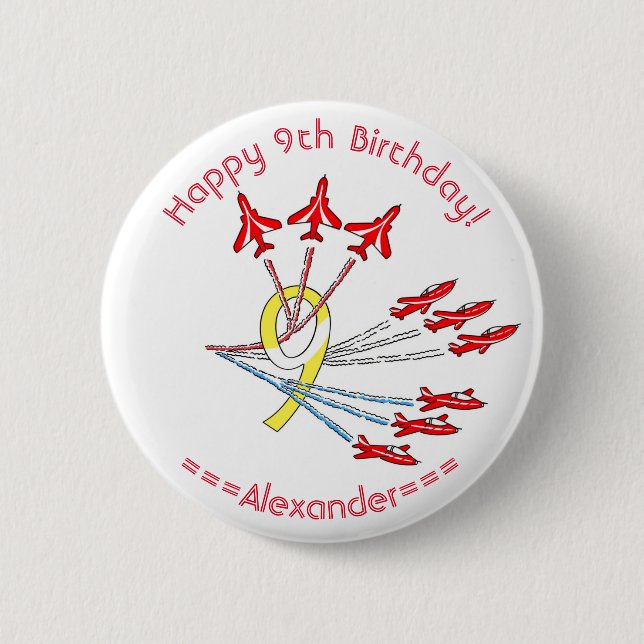 Red Jet Planes 9th Birthday Badge 2 Inch Round Button (Front)