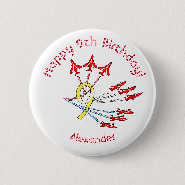 Red Jet Planes - 9th Birthday Badge 2 Inch Round Button (Front)
