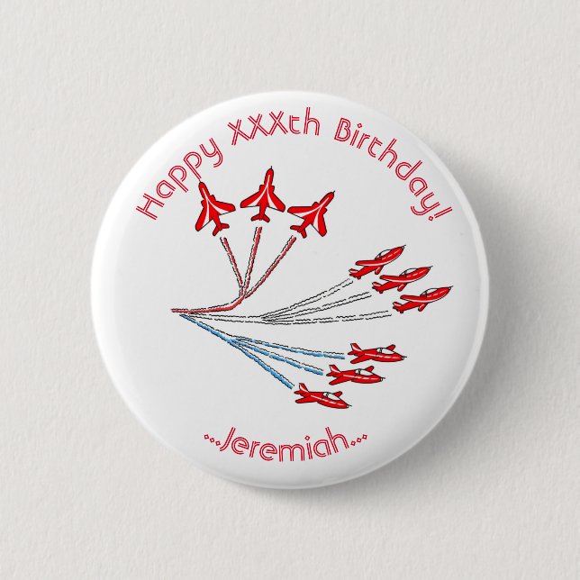Red Jet Planes Customisable Birthday Badge 2 Inch Round Button (Front)
