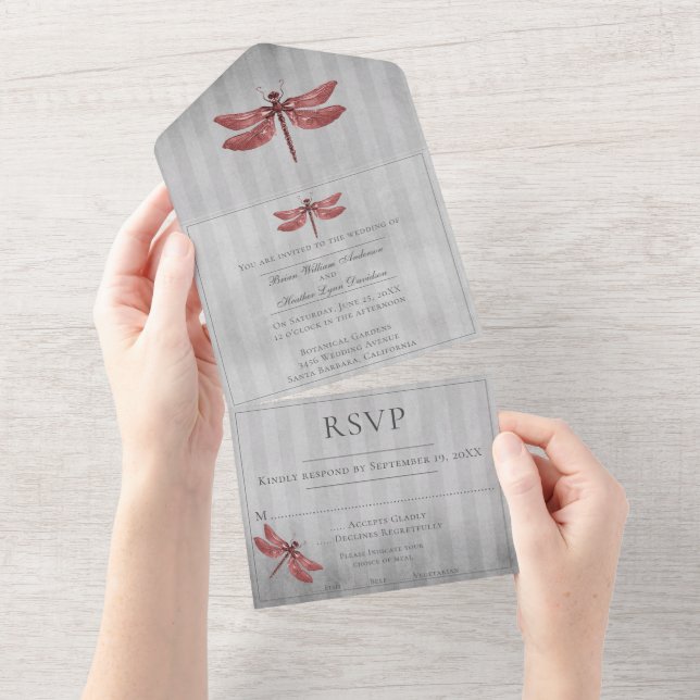 Red Jewelled Dragonfly Wedding All In One Invitation (Tearaway)
