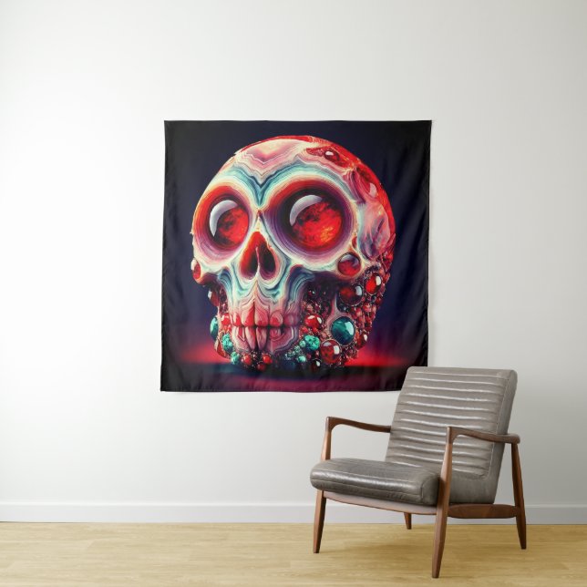 Red Jewelled Geode Skull Tapestry (In Situ)