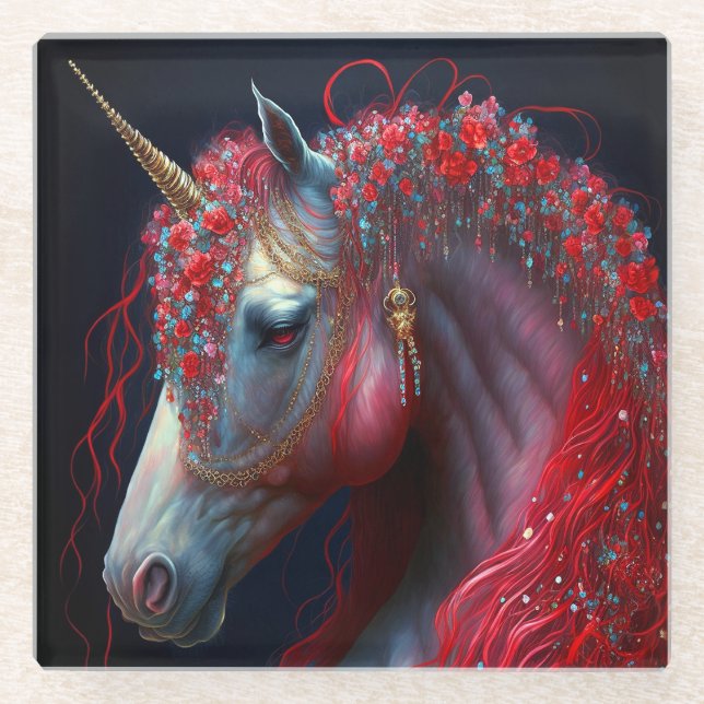 Red Jewelled Unicorn Fantasy Art Glass Coaster (Front)