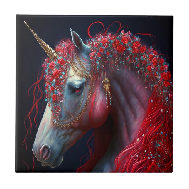 Red Jewelled Unicorn Fantasy Art Tile (Front)