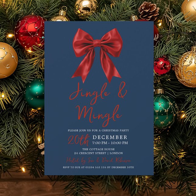 Red Jingle Mingle Christmas Party Glam Bow Navy  Invitation (Red Jingle Mingle Christmas Party Glam Bow Navy Invitation)