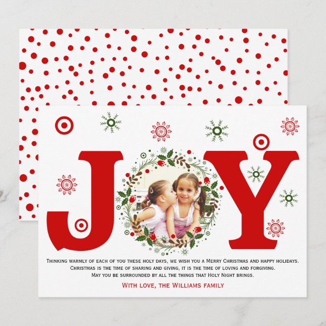 Red Joy and Christmas floral wreath photo Holiday Card (Front/Back)