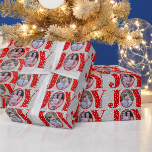 Red JOY and snowflakes grey two photo Christmas Wrapping Paper