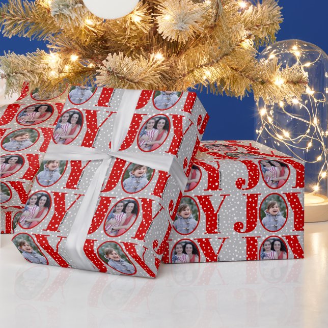 Red JOY and snowflakes grey two photo Christmas Wrapping Paper (Holidays)