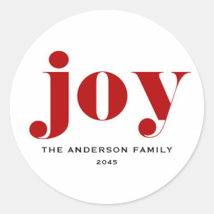 Red JOY Bold Typography Modern Christmas Classic Round Sticker