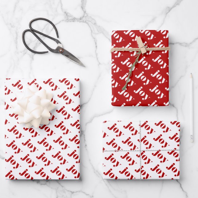 Red JOY Bold Typography Pattern Modern Christmas Wrapping Paper Sheet (Front)