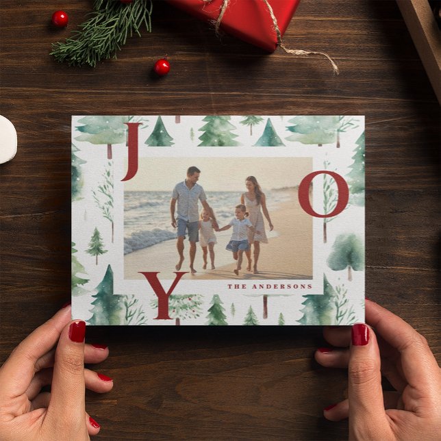 Red Joy Christmas Trees Photo Holiday Card (Creator Uploaded)