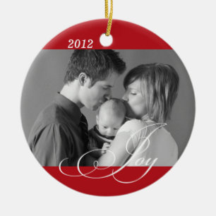 Red JOY custom photo holiday sentiment keepsake Ceramic Ornament
