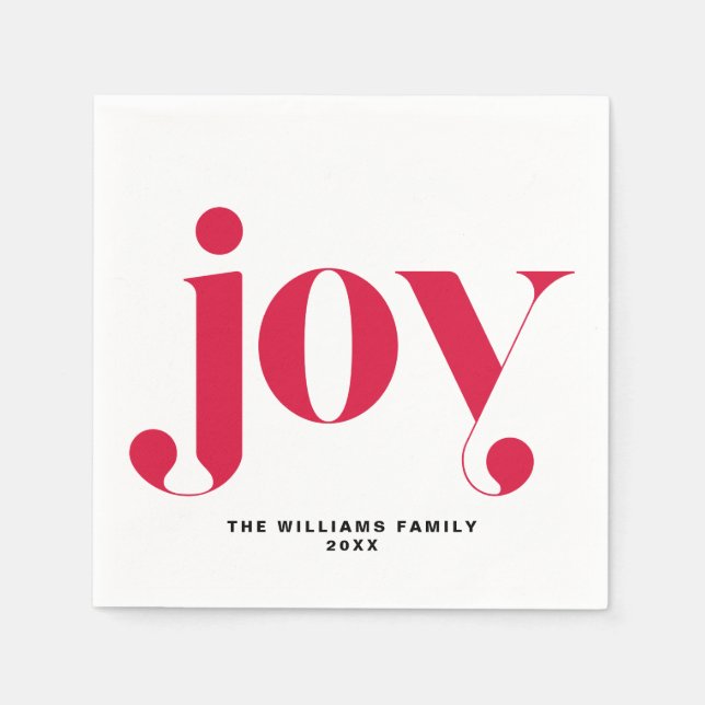 Red Joy Modern Typography Personalized Holiday Napkin (Front)