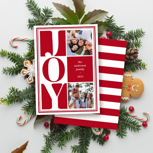 Red Joy Photo Collage Modern Christmas Holiday Card (Creator Uploaded)