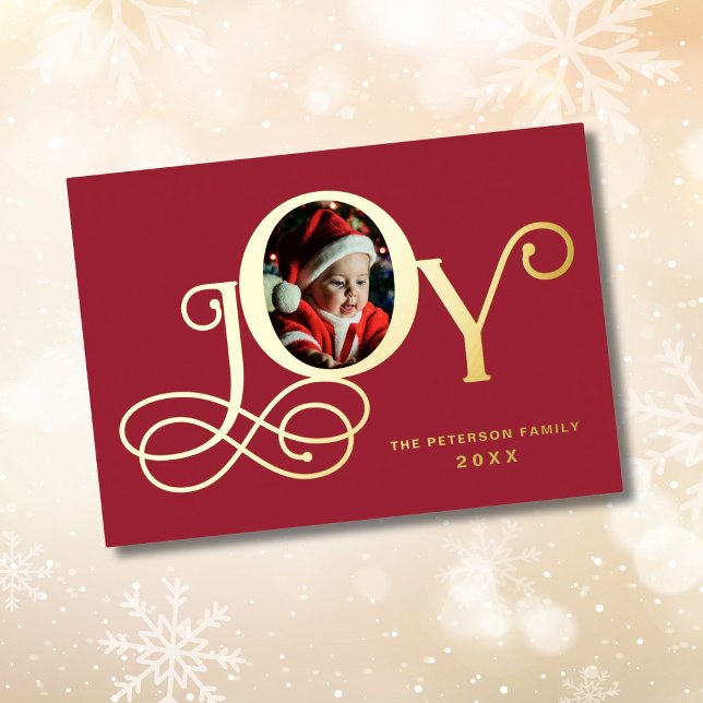 Red Joy Photo Real Gold Foil Holiday Card (Creator Uploaded)