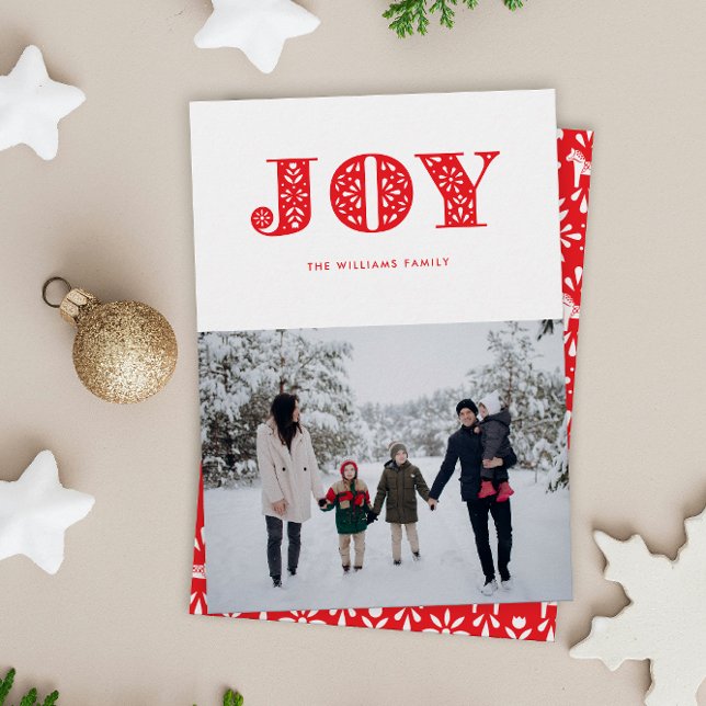 Red Joy Swedish Dala Horse Photo Holiday Card (simple scandi style red JOY Christmas holiday photo card with one photo and patterned backer)