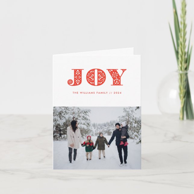 Red Joy Swedish Dala Horse Photo Holiday Card (Front)