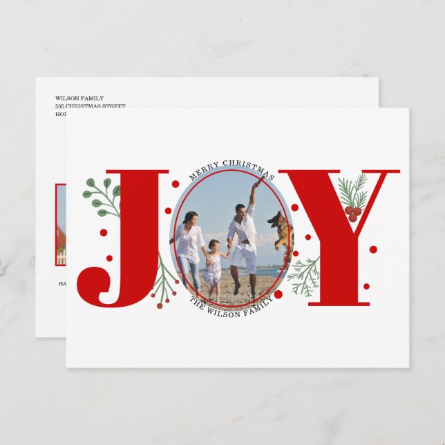 Red Joy with berries Christmas holiday photo Postcard (Front/Back)