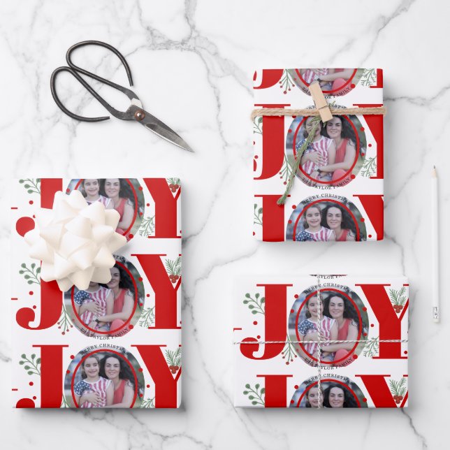Red Joy with berries Christmas holiday photo Wrapping Paper Sheet (Front)