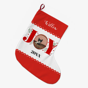 Red Joy with berries Christmas photo cat pet Large Christmas Stocking