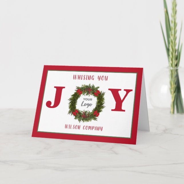 Red Joy wreath corporate logo Holiday Card (Front)