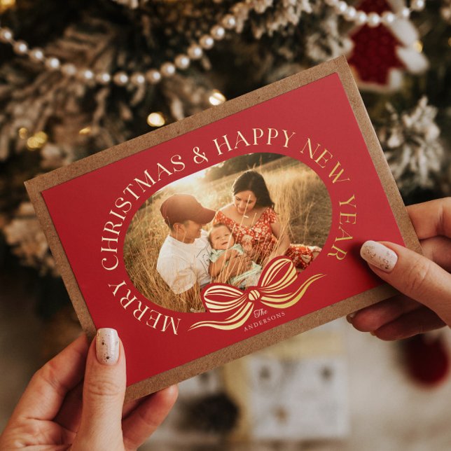 Red Joyeux Noël Bow Gold Foil Carte de vacances (Créateur téléchargé)