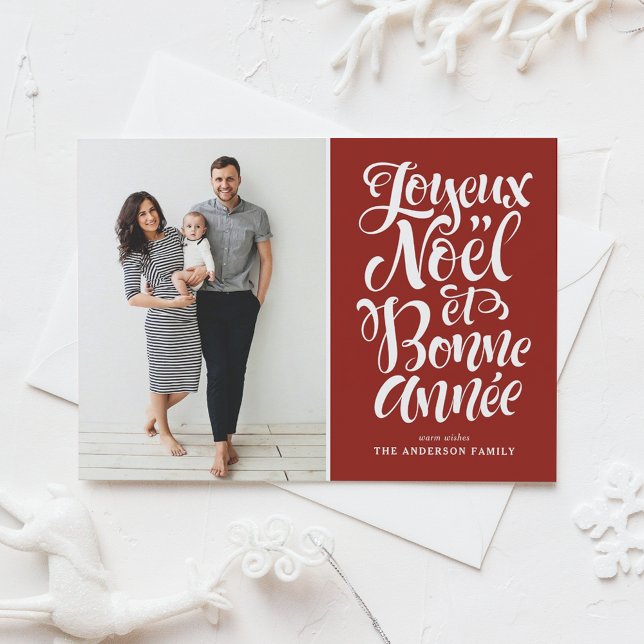 Red Joyeux Noël et Bonne Année Script Holiday Card (Creator Uploaded)