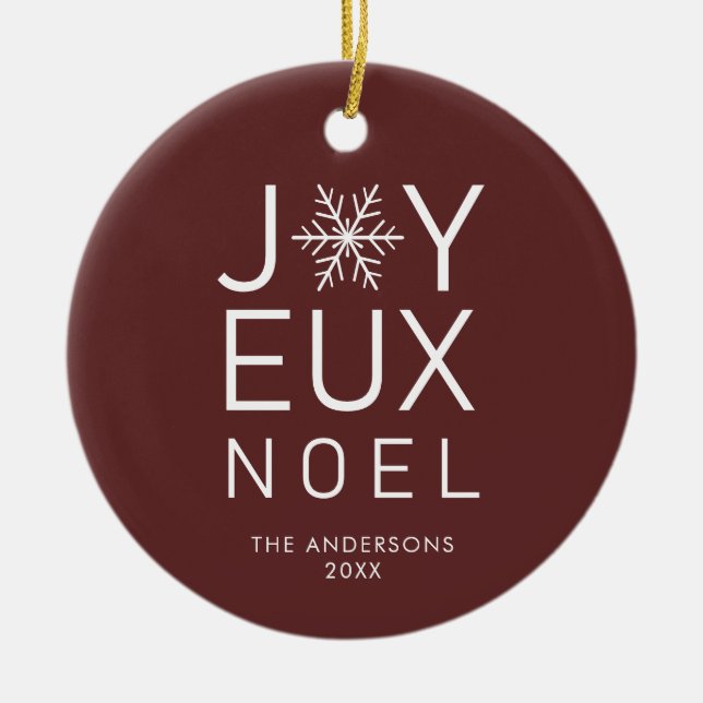 Red Joyeux Noel Modern Typography Holiday Ceramic Ornament (Front)