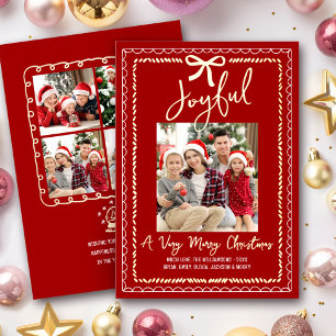 Red Joyful 5 Photo Christmas Doodles Bow Real Gold Foil Holiday Card