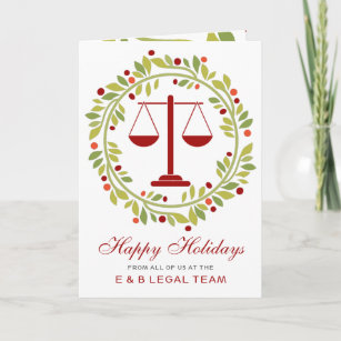 Red Justice Scale Holly Wreath Lawyer Christmas Holiday Card