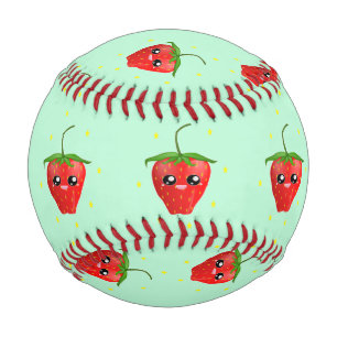 Red kawaii strawberry fruit on blue baseball