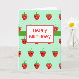 Red kawaii strawberry fruit on blue card
