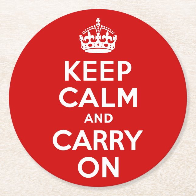 Red Keep Calm and Carry On Round Paper Coaster (Front)