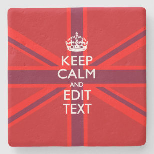 Red Keep Calm Have Your Text on Union Jack Flag Stone Coaster