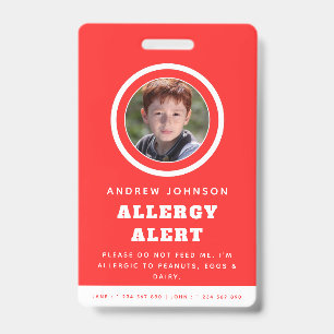 Red Kid Student Photo Food Allergy Alert Emergency Badge