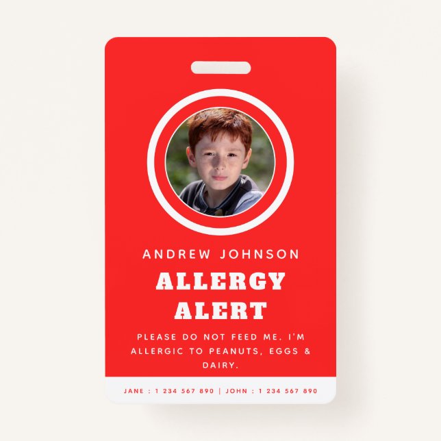 Red Kid Student Photo Food Allergy Alert Emergency Badge (Front)