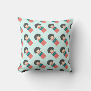 Red_Kimono Doll_mint back Throw Pillow