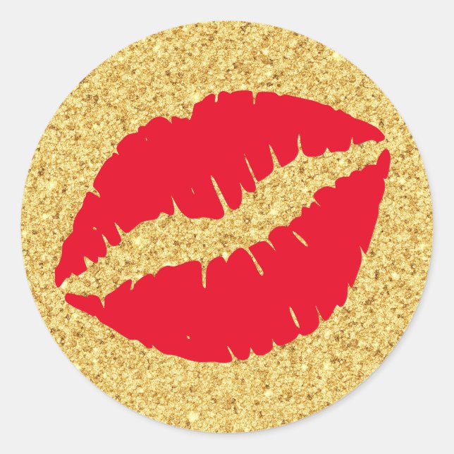 Red Kiss Gold Glitter Classic Round Sticker (Front)